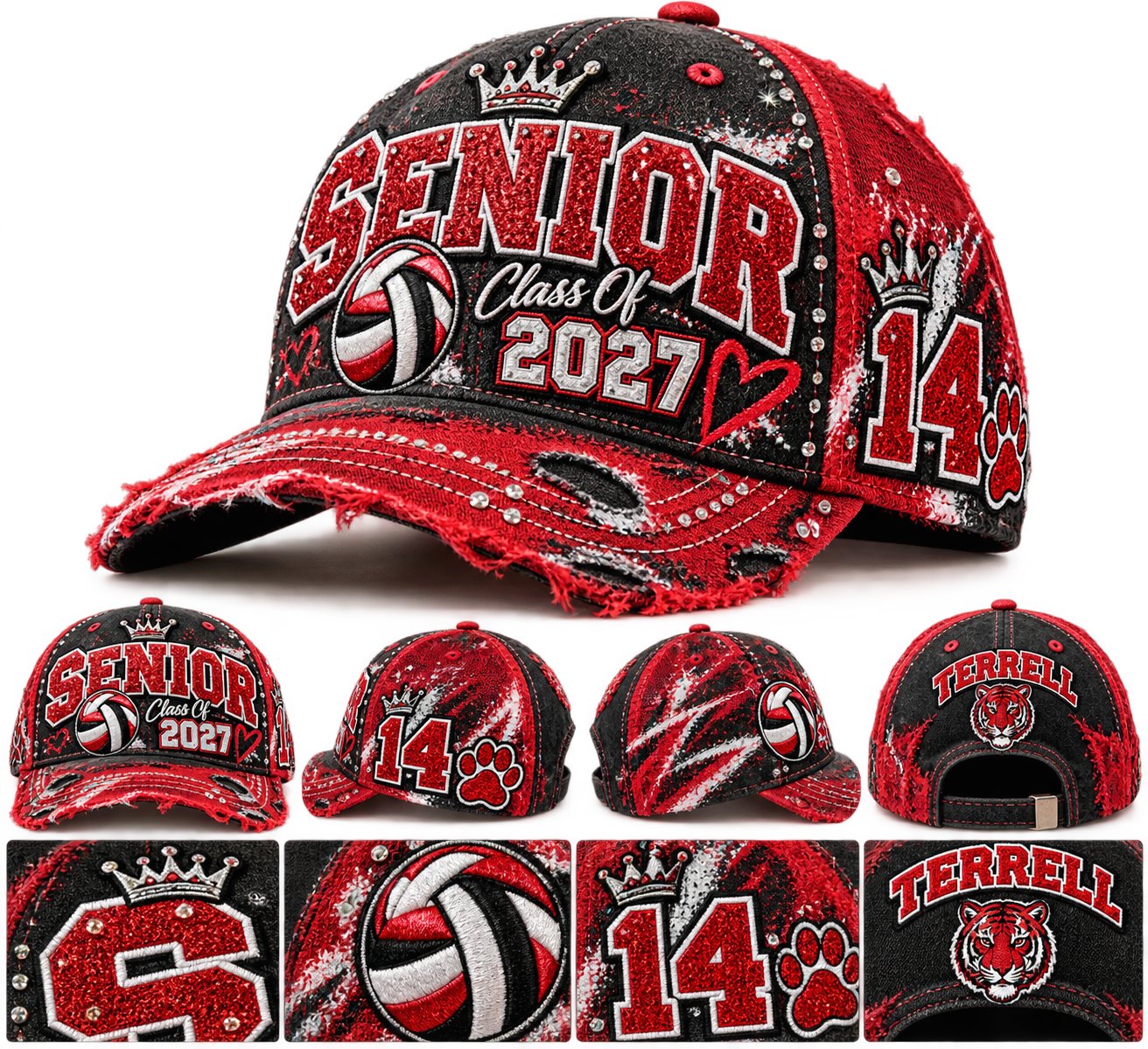 Red and black distressed Senior Class of 2027 cap shown from multiple angles