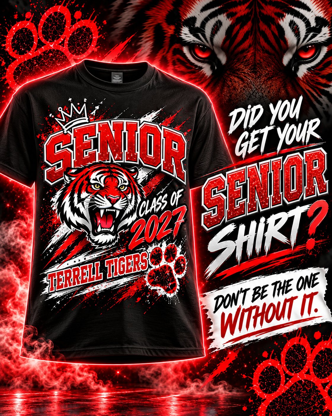 Did you get your senior shirt? promo graphic with black senior tee and red tiger