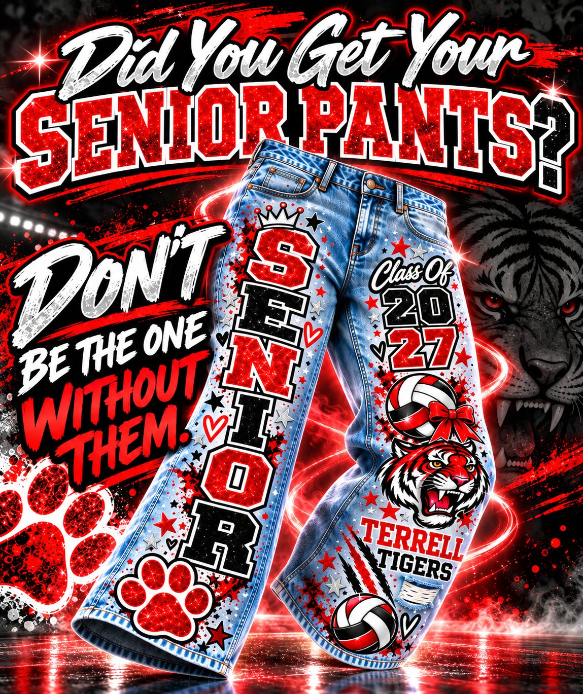 Did you get your senior pants? promo graphic with decorated jeans