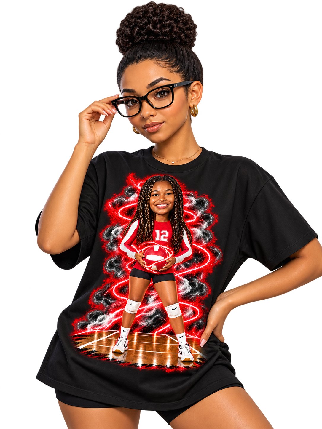 Model wearing black senior tee with jersey 12 volleyball player graphic