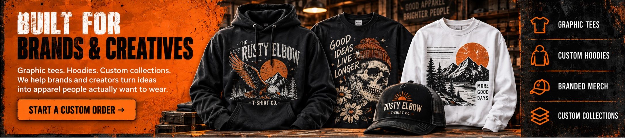 Built for brands and creatives — custom graphic tees, hoodies, branded merch and custom collections from The Rusty Elbow T-Shirt Co.