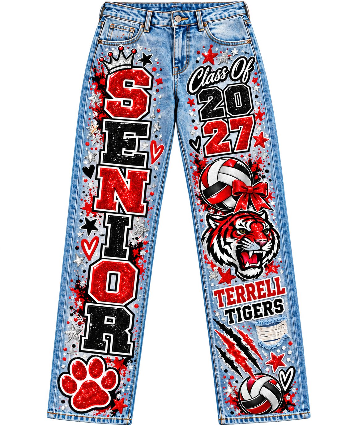 Custom senior jeans with Senior lettering, Class of 2027, and tiger graphics on a white background
