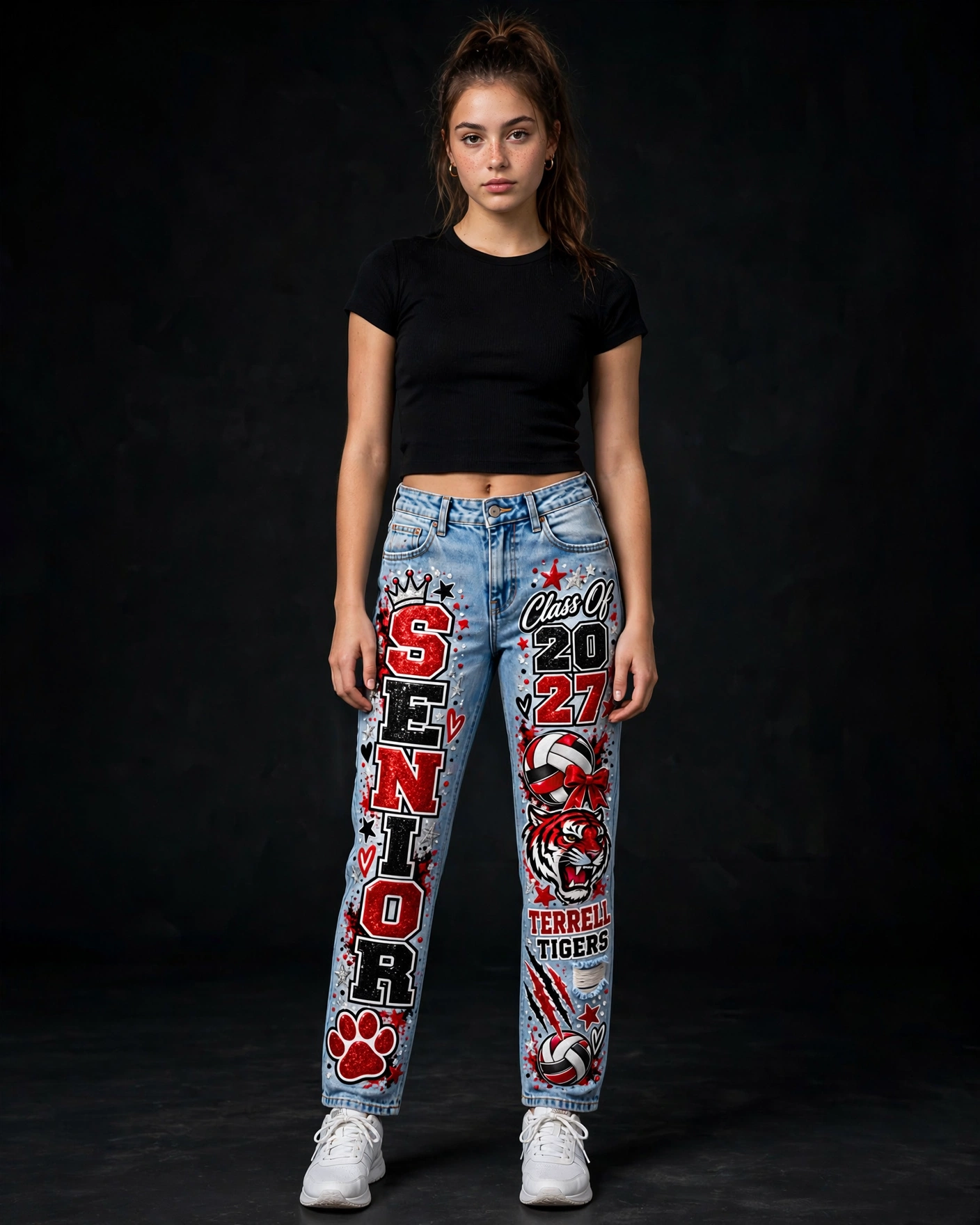 Full-body model wearing the custom senior jeans